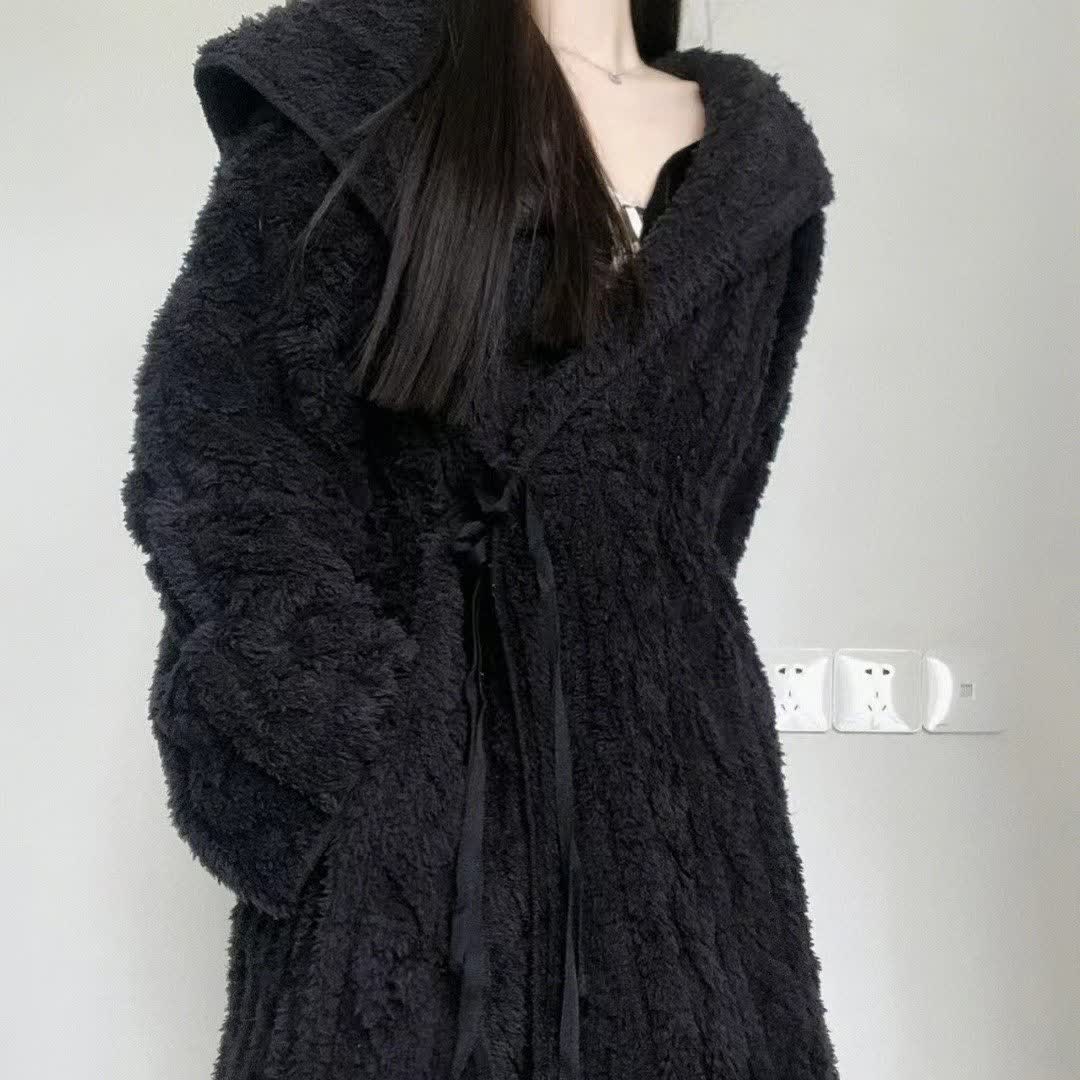 Ownkoti Fluffy Minimalist Black Hooded Robe - Black - 2XL - image 0