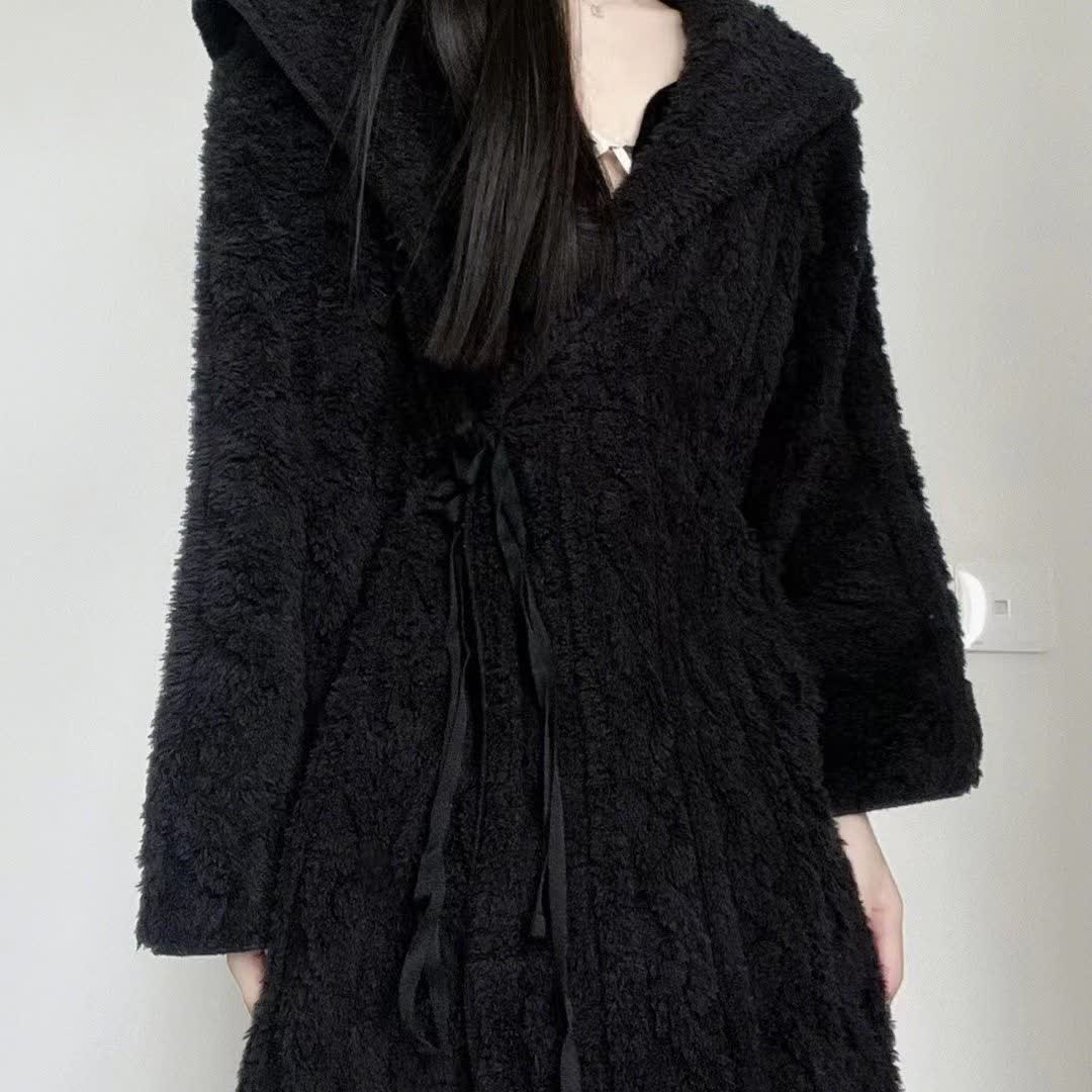 Ownkoti Fluffy Minimalist Black Hooded Robe - image 3