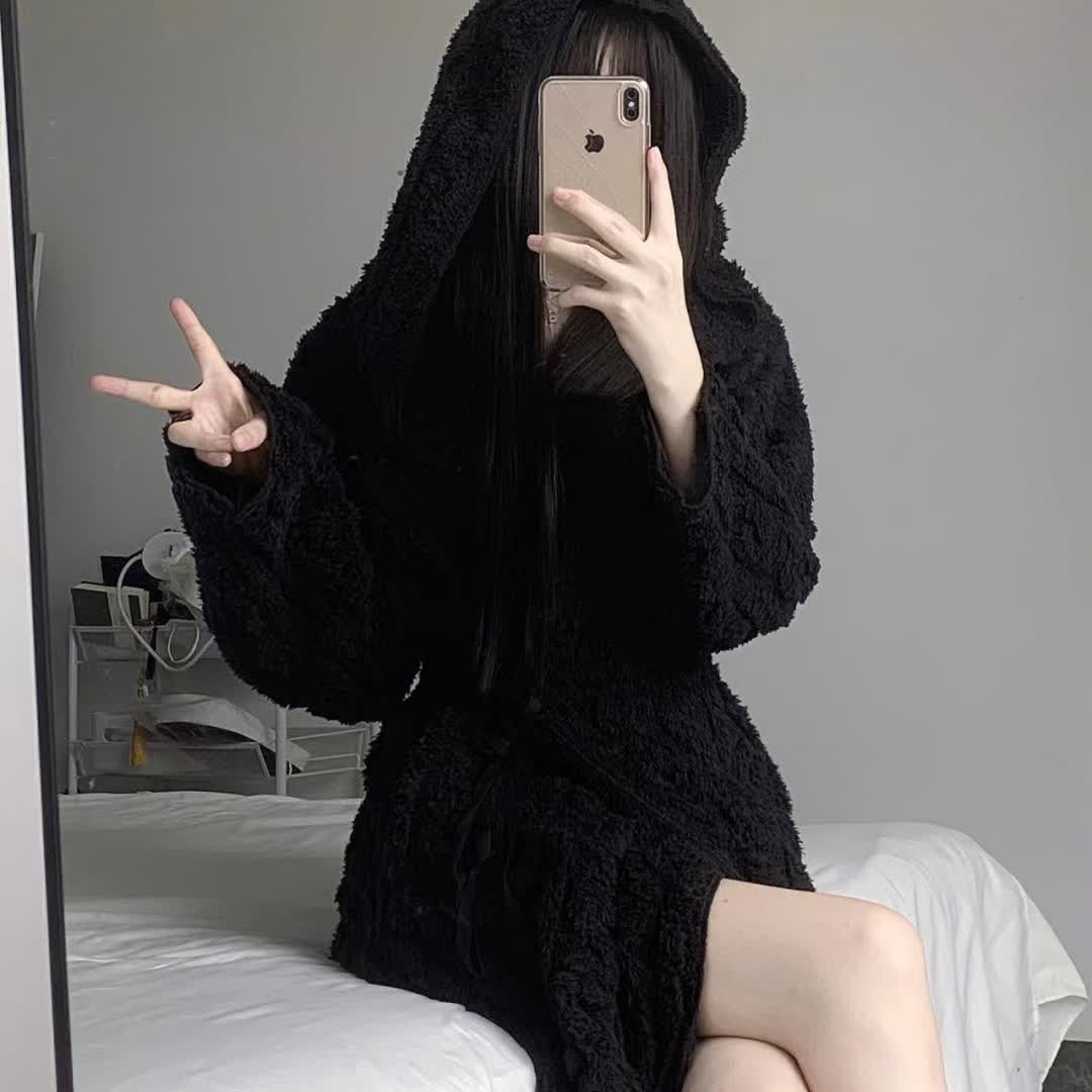 Ownkoti Fluffy Minimalist Black Hooded Robe - image 2