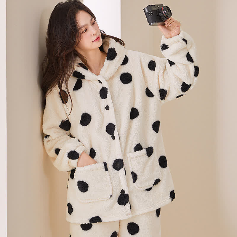 Ownkoti Polka Dot Hooded Plush Loungewear Set - image 1