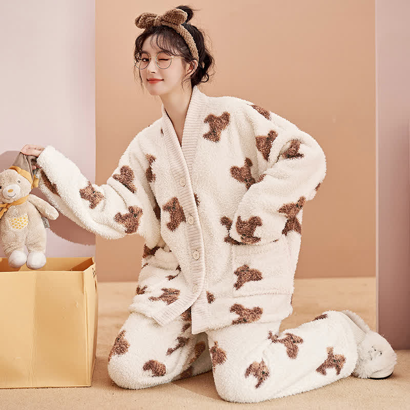 Ownkoti Cute Bear Button Plush Loungewear Set - image 3