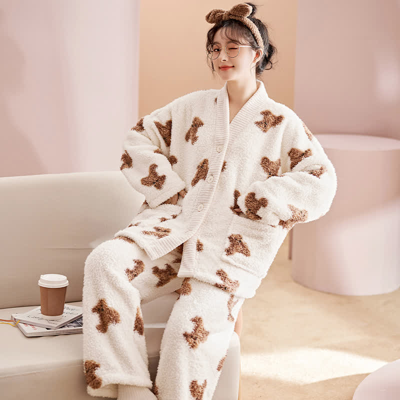 Ownkoti Cute Bear Button Plush Loungewear Set - White - 2XL - image 0