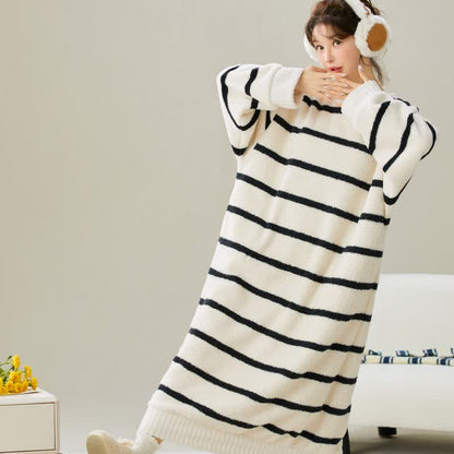 Ownkoti Round Neck Striped Plush Nightgown - image 1