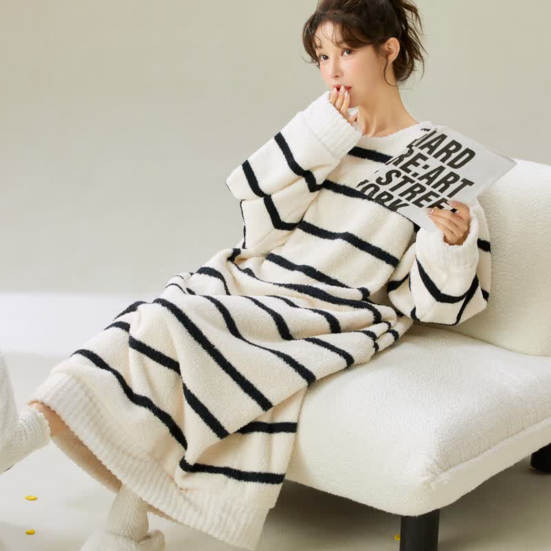 Ownkoti Round Neck Striped Plush Nightgown - image 4