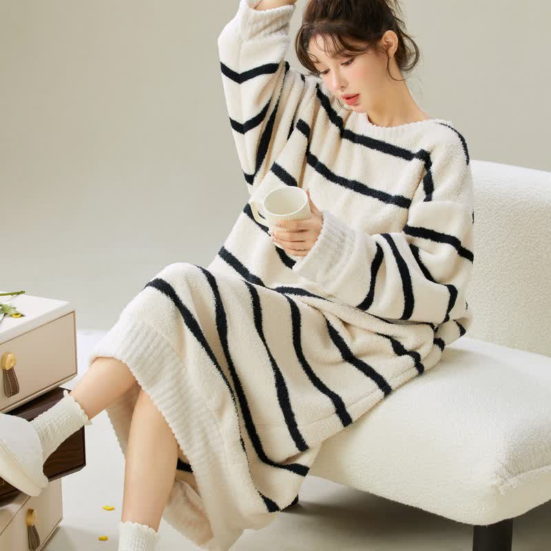 Ownkoti Round Neck Striped Plush Nightgown - image 3