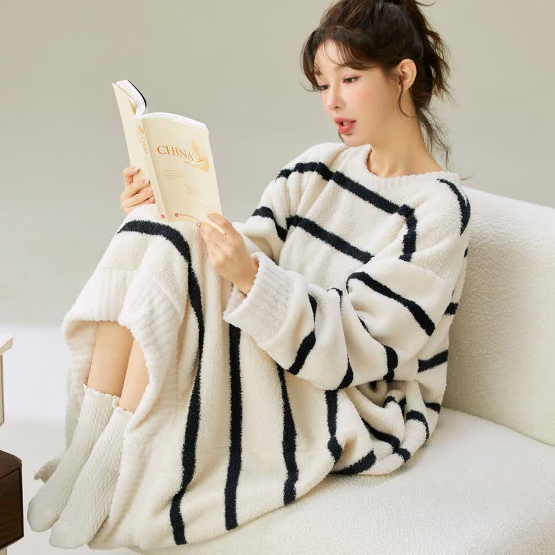 Ownkoti Round Neck Striped Plush Nightgown - image 2