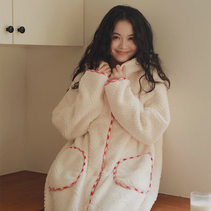Ownkoti Stripe Textured Hooded Button Plush Robe - image 5