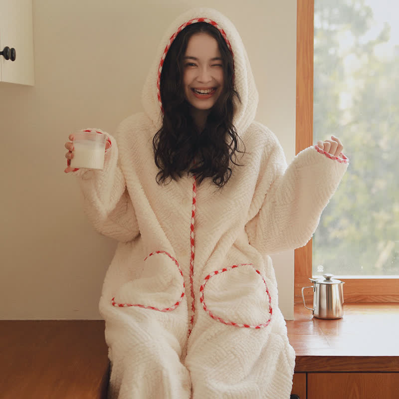 Ownkoti Stripe Textured Hooded Button Plush Robe - Beige - XL - image 0