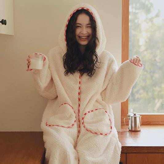 Ownkoti Stripe Textured Hooded Button Plush Robe - Beige - XL - image 0