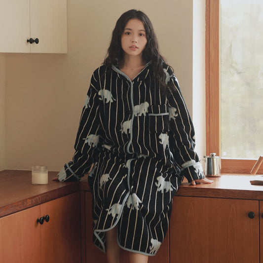 Ownkoti Stripe Elephant Hooded Button Plush Robe - Black - XL - image 0