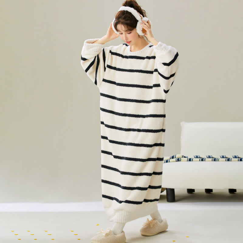 Ownkoti Round Neck Striped Plush Nightgown - image 5