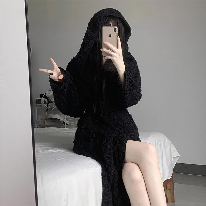 Ownkoti Fluffy Minimalist Black Hooded Robe - image 1