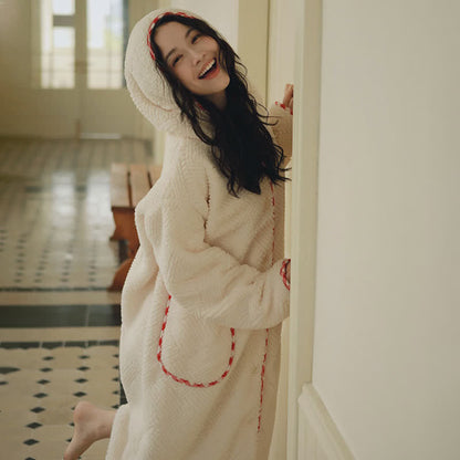 Ownkoti Stripe Textured Hooded Button Plush Robe - image 4