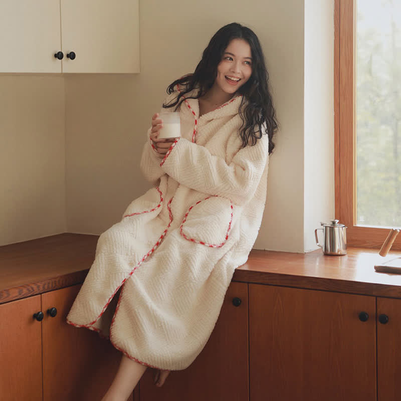 Ownkoti Stripe Textured Hooded Button Plush Robe - image 3