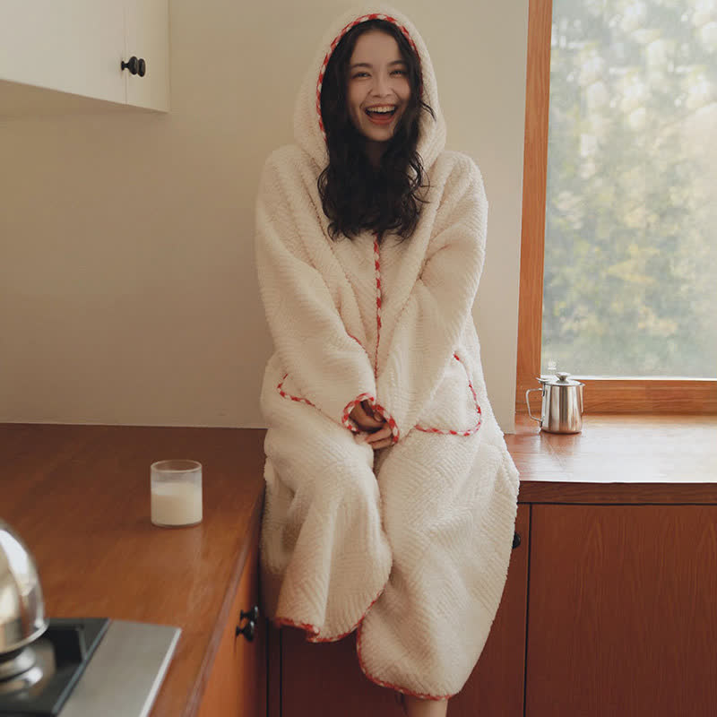Ownkoti Stripe Textured Hooded Button Plush Robe - image 2