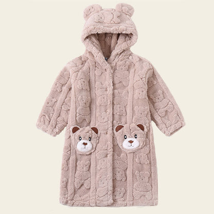 Ownkoti Bear-Ear Hooded Button Plush Child Robe - Khaki - Bathrobe - Child:170-180cm - image 8