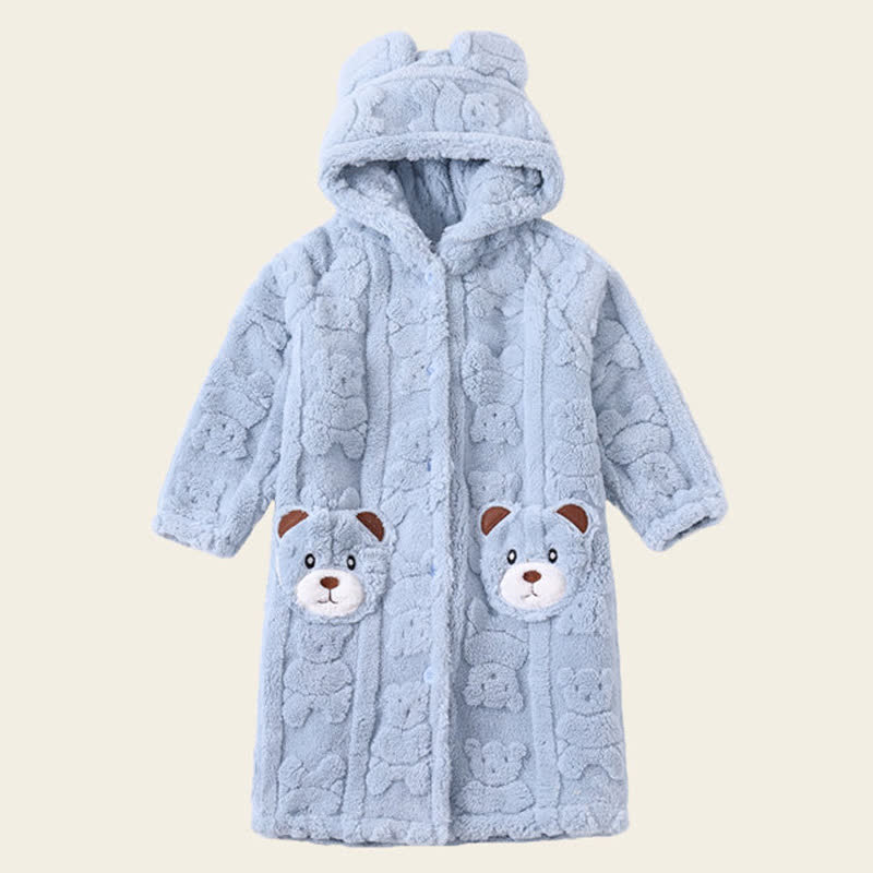 Ownkoti Bear-Ear Hooded Button Plush Child Robe - Blue - Bathrobe - Child:170-180cm - image 12
