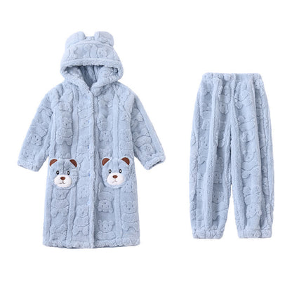 Ownkoti Bear-Ear Hooded Button Plush Child Robe - Blue - Bathrobe with pants - Child:170-180cm - image 11