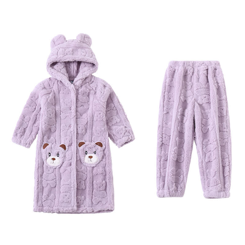 Ownkoti Bear-Ear Hooded Button Plush Child Robe - Purple - Bathrobe with pants - Child:170-180cm - image 13