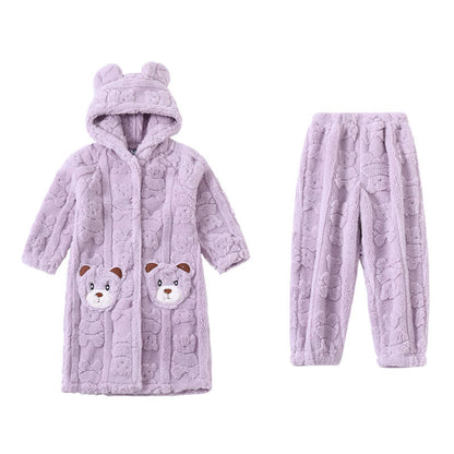 Ownkoti Bear-Ear Hooded Button Plush Child Robe - Purple - Bathrobe with pants - Child:170-180cm - image 13