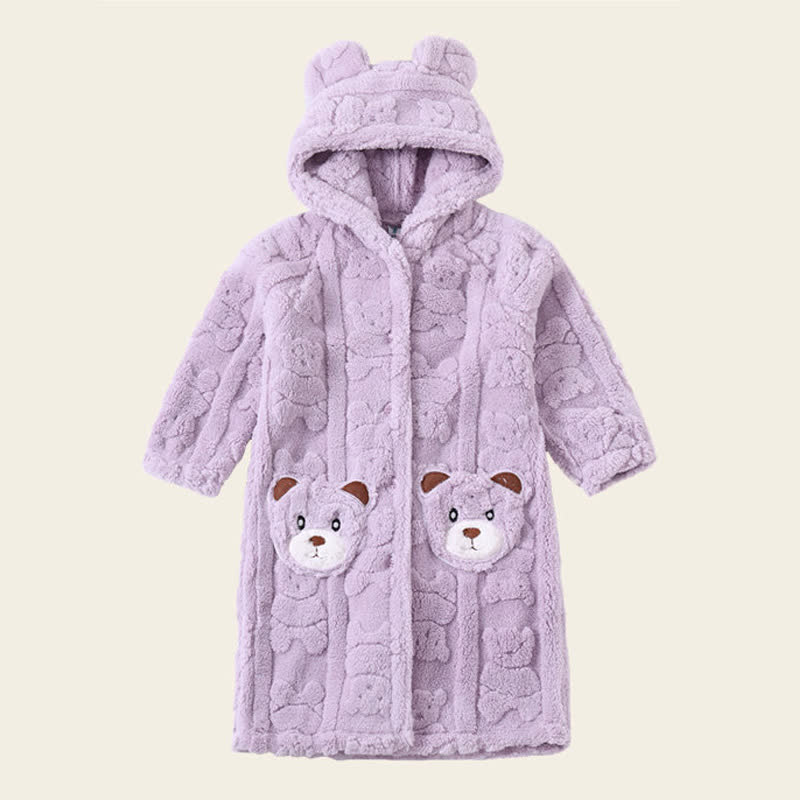 Ownkoti Bear-Ear Hooded Button Plush Child Robe - Purple - Bathrobe - Child:170-180cm - image 14
