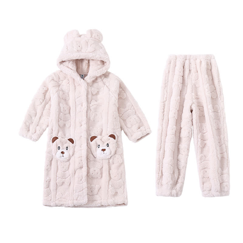 Ownkoti Bear-Ear Hooded Button Plush Child Robe - White - Bathrobe with pants - Child:170-180cm - image 9