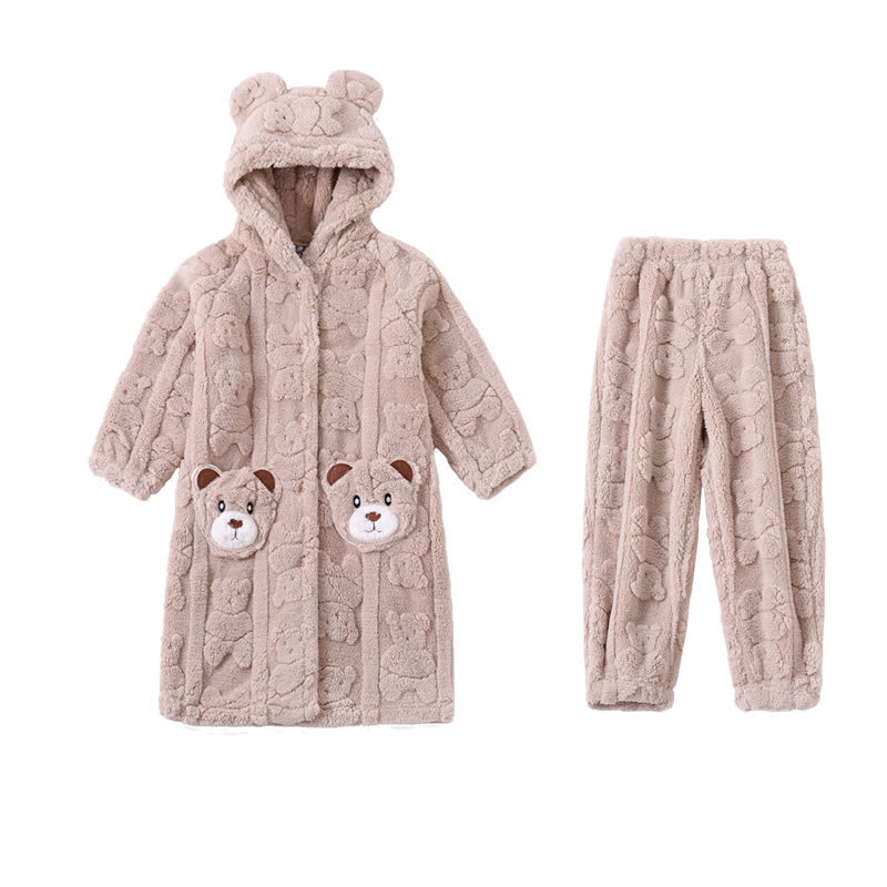 Ownkoti Bear-Ear Hooded Button Plush Child Robe - Khaki - Bathrobe with pants - Child:170-180cm - image 7