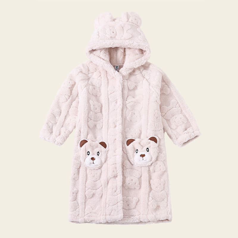 Ownkoti Bear-Ear Hooded Button Plush Child Robe - White - Bathrobe - Child:170-180cm - image 10