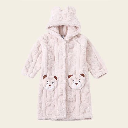 Ownkoti Bear-Ear Hooded Button Plush Child Robe - White - Bathrobe - Child:170-180cm - image 10