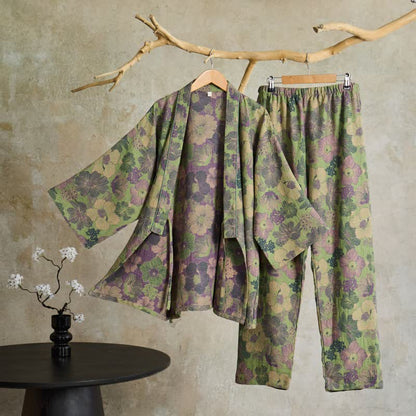 Ownkoti Peach Blossom Kimono style Loungewear Set - Green - XL - image 0