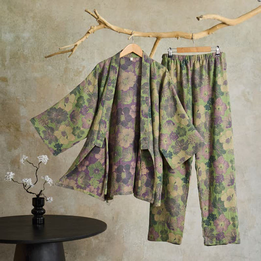 Ownkoti Peach Blossom Kimono style Loungewear Set - Green - XL - image 0