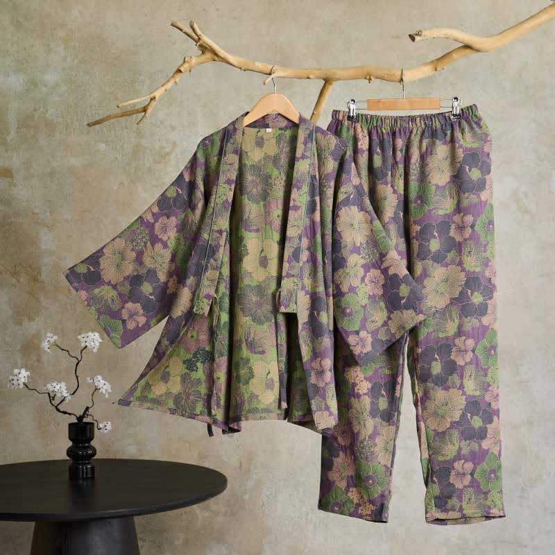 Ownkoti Peach Blossom Kimono style Loungewear Set - Purple - XL - image 1