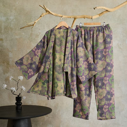 Ownkoti Peach Blossom Kimono style Loungewear Set - Purple - XL - image 1