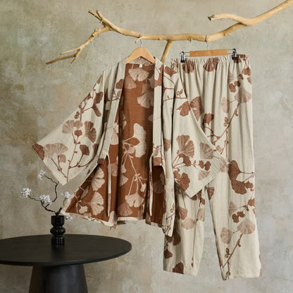 Ownkoti Large Ginkgo Leaf Cotton Kimono Pajamas - Beige - XL - image 10