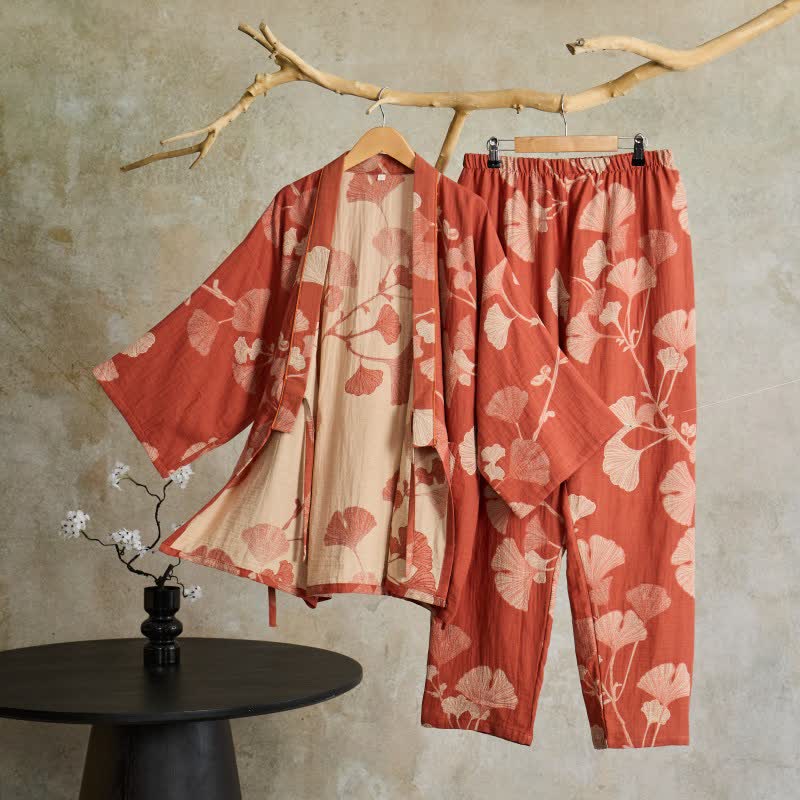 Ownkoti Large Ginkgo Leaf Cotton Kimono Pajamas - Pink - XL - image 9