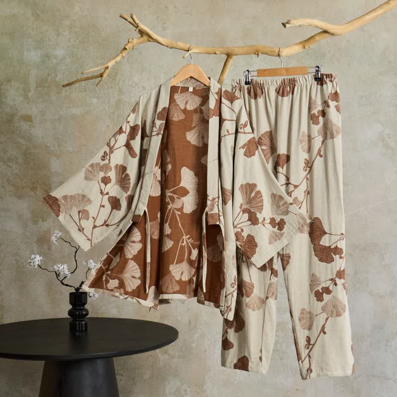 Ownkoti Large Ginkgo Leaf Cotton Kimono Pajamas - Beige - XL - image 11