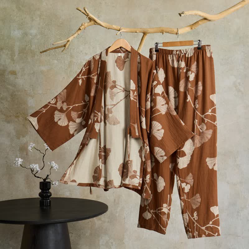 Ownkoti Large Ginkgo Leaf Cotton Kimono Pajamas - Brown - XL - image 6