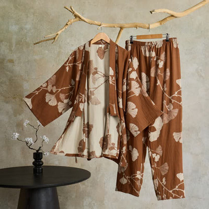 Ownkoti Large Ginkgo Leaf Cotton Kimono Pajamas - Brown - XL - image 13