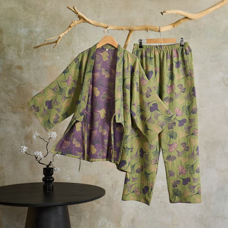 Ownkoti Ginkgo Cotton Gauze Kimono Pajama Set - Light Green - XL - image 13