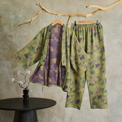 Ownkoti Ginkgo Cotton Gauze Kimono Pajama Set - Light Green - XL - image 13