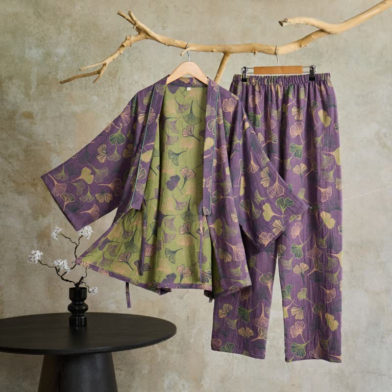 Ownkoti Ginkgo Cotton Gauze Kimono Loungewear Set - Purple - XL - image 32