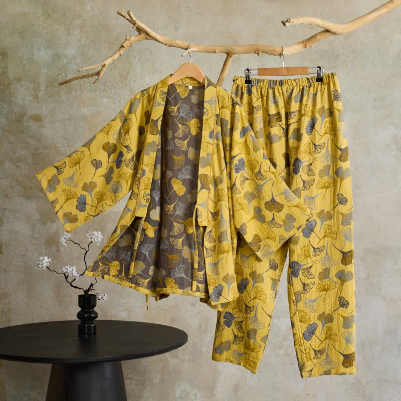 Ownkoti Ginkgo Cotton Gauze Kimono Loungewear Set - Light Yellow - XL - image 4