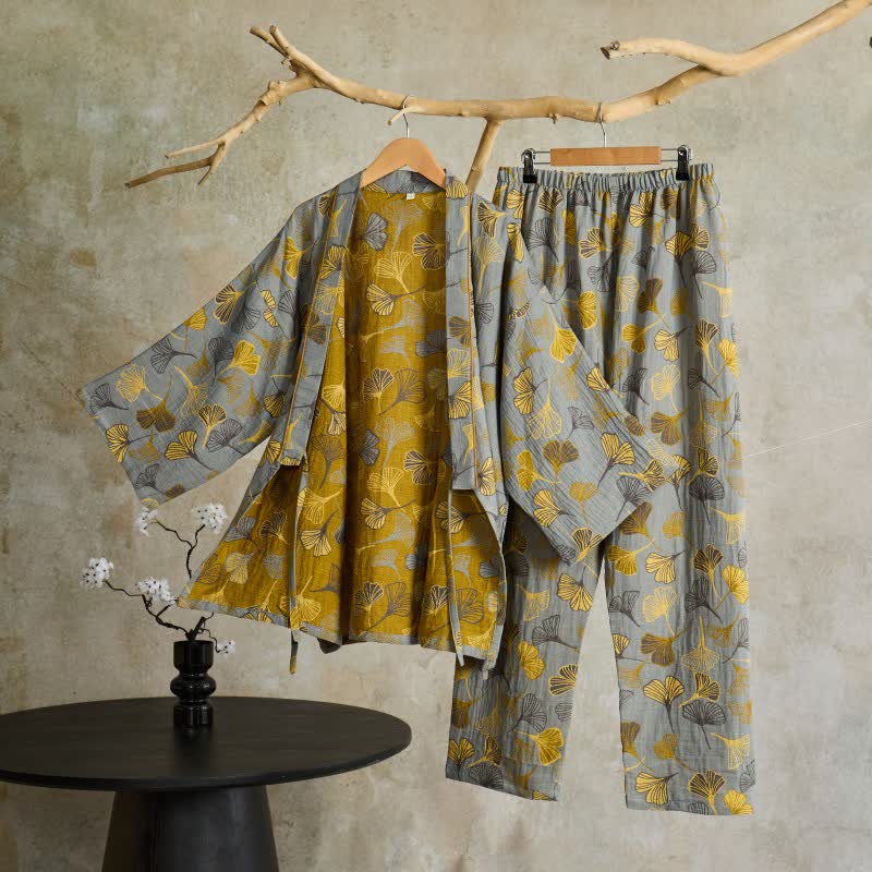 Ownkoti Ginkgo Cotton Gauze Kimono Loungewear Set - Light Gray - XL - image 0