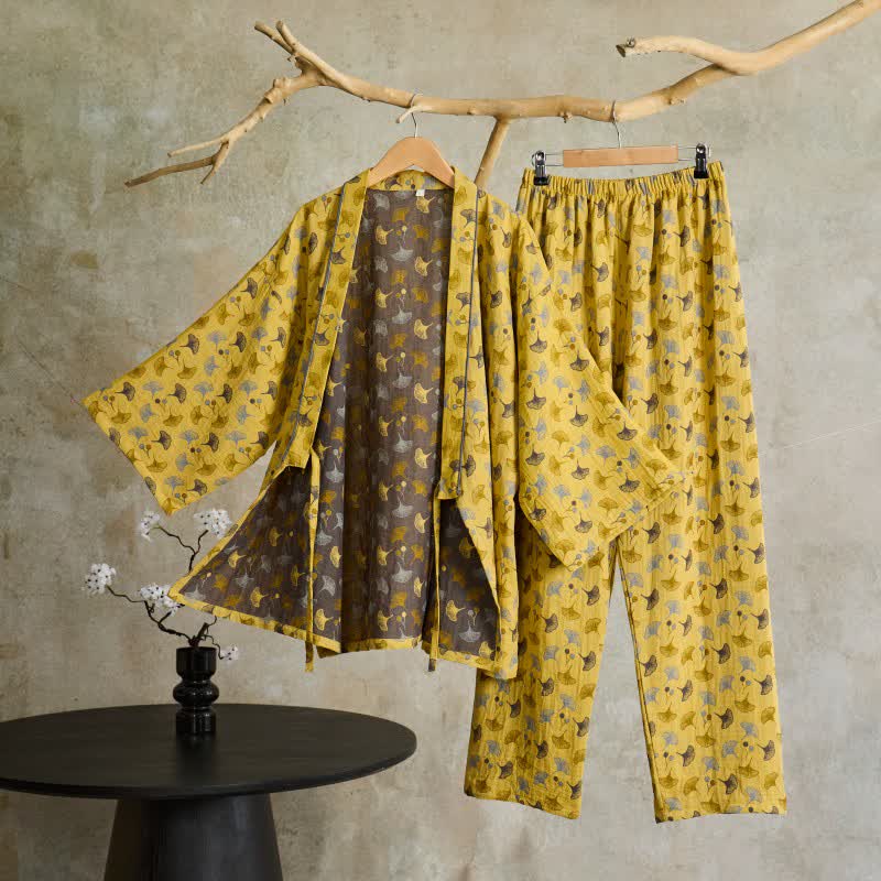 Ownkoti Ginkgo Organic Cotton Kimono Loungewear Set - Yellow & Grey - XL - image 10