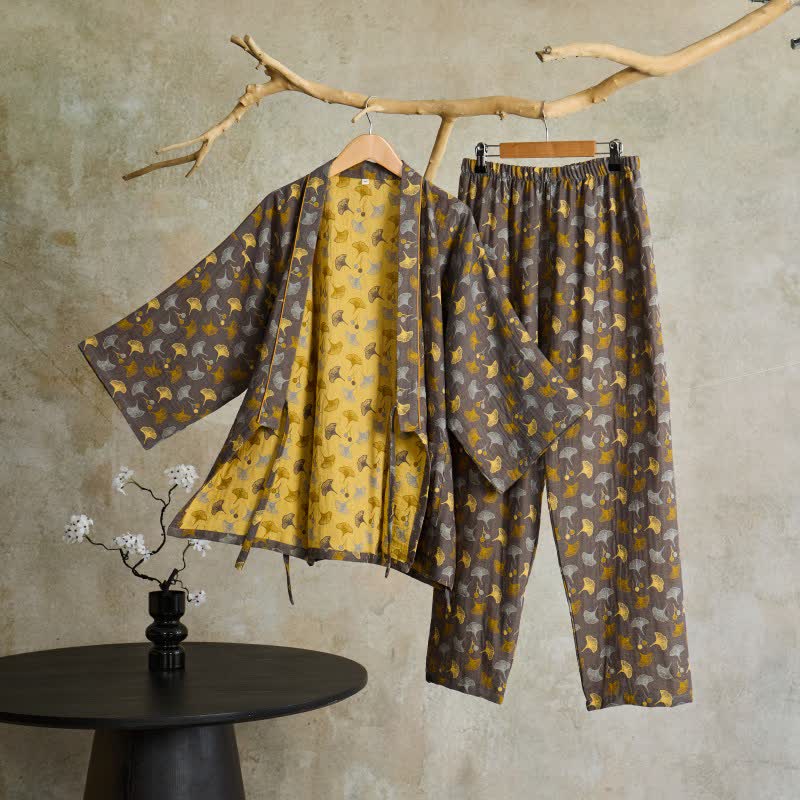 Ownkoti Ginkgo Organic Cotton Kimono Loungewear Set - Grey & Yellow - XL - image 8