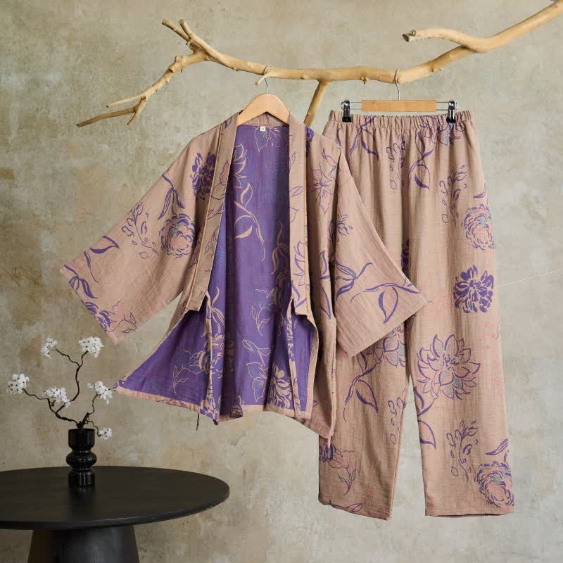 Ownkoti Peony Cotton Gauze Kimono Loungewear Set - Grey Pink - XL - image 10