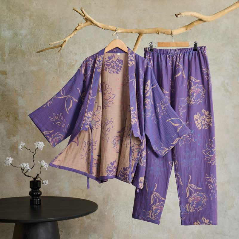 Ownkoti Peony Cotton Gauze Kimono Loungewear Set - Purple - XL - image 0