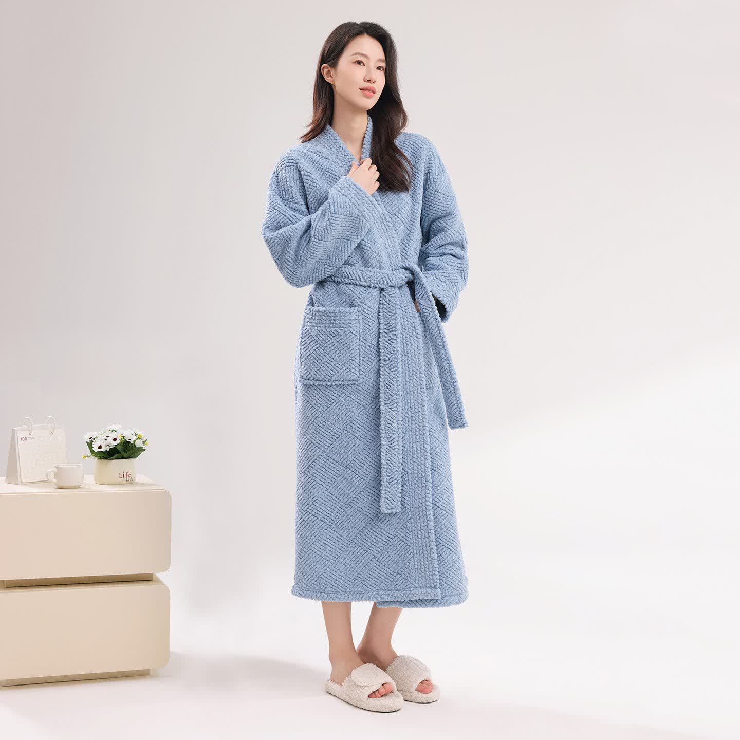 Ownkoti Striped Diamond Textured Plush Robe - Blue - Bathrobe - 2XL - image 1