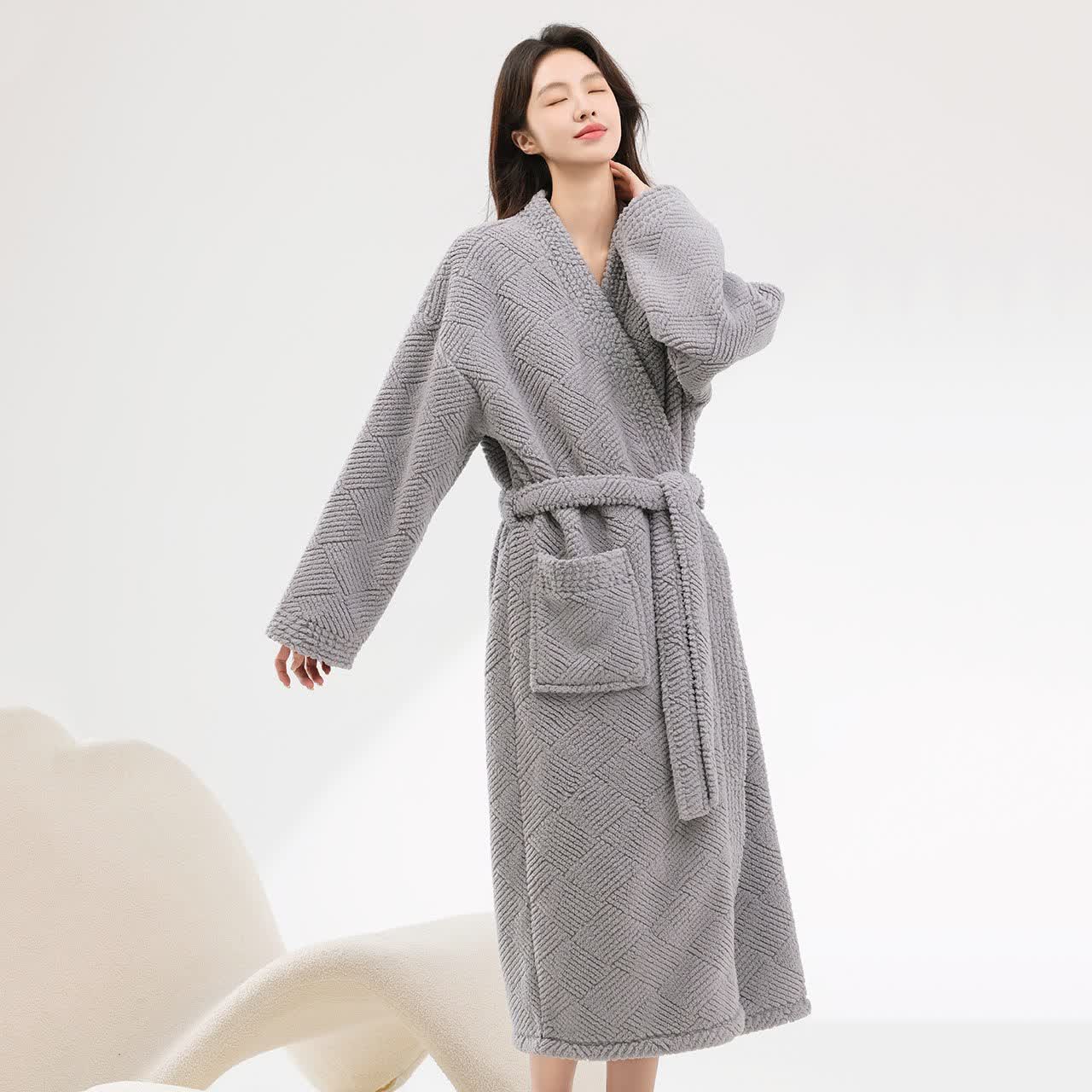 Ownkoti Striped Diamond Textured Plush Robe - Light Gray - Bathrobe - 2XL - image 4