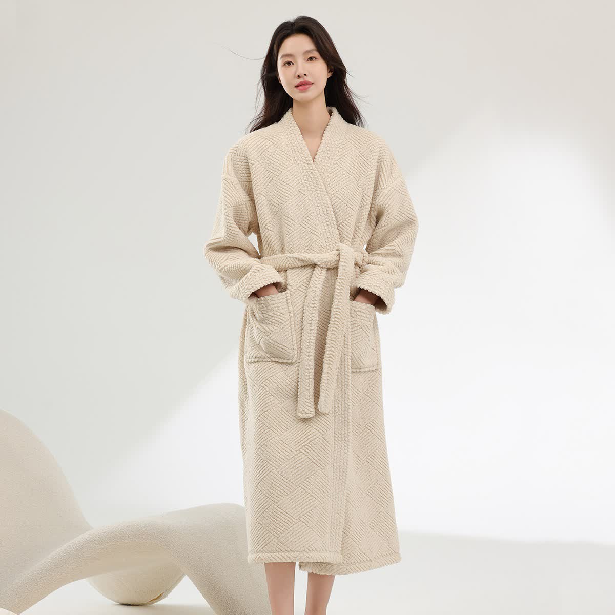 Ownkoti Striped Diamond Textured Plush Robe - Beige - Bathrobe - 2XL - image 2